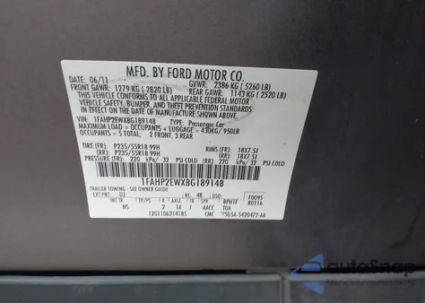 2011 Ford Taurus Sel из США, поврежденный, VIN 1FAHP2EWXBG189148